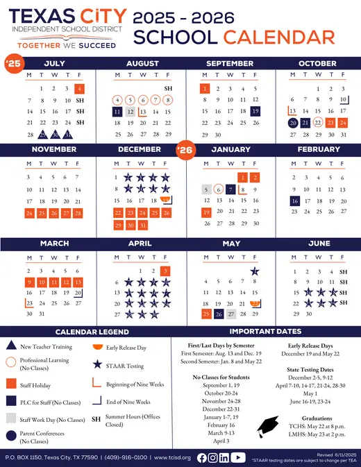 Texas City Independent School District 2025–2026 Academic Calendar