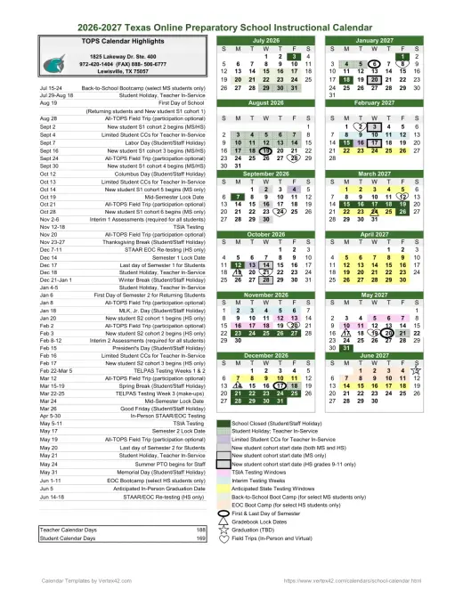 Texas College Preparatory Academies 2026–2027 Academic Calendar Page 1