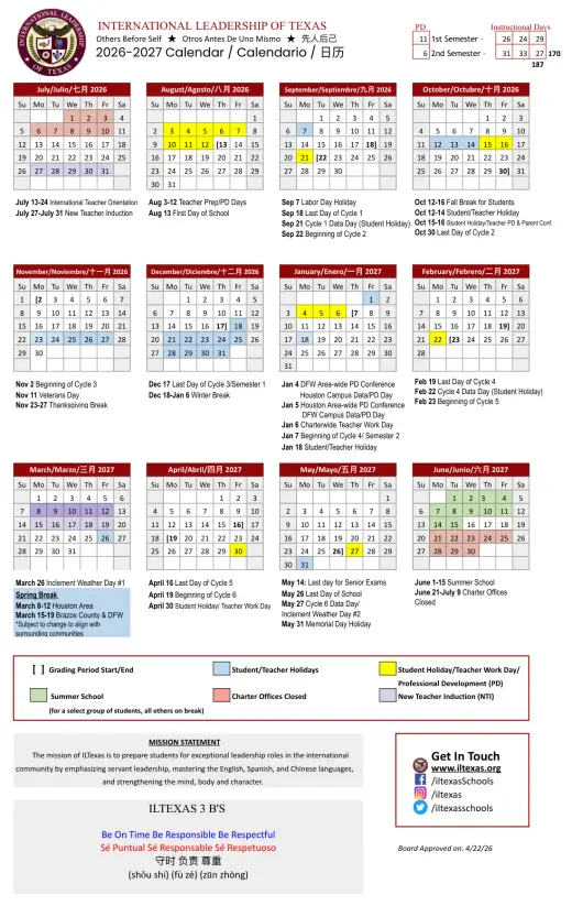 Texas Leadership Public Schools 2026–2027 Academic Calendar Page 1