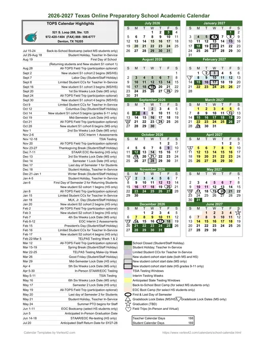 Texas Online Preparatory School 2026–2027 Academic Calendar Page 1