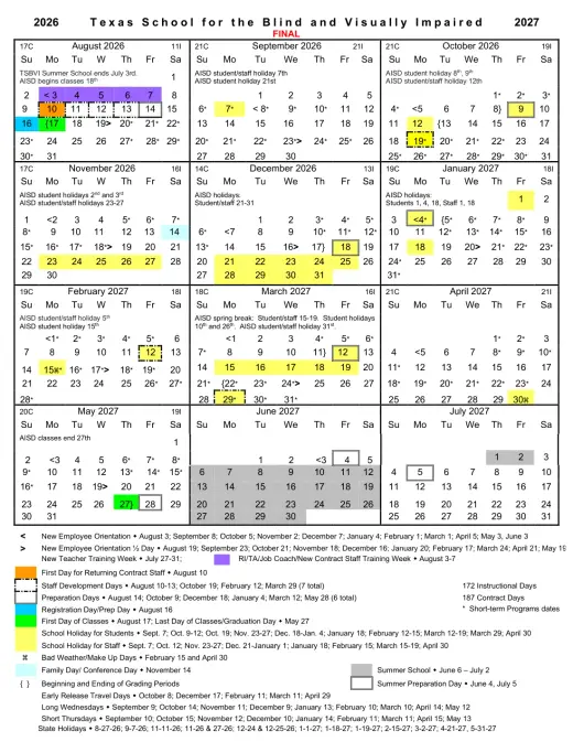 Texas Sch for the Blind &amp;amp; Visually Impaired 2026–2027 Academic Calendar Page 1