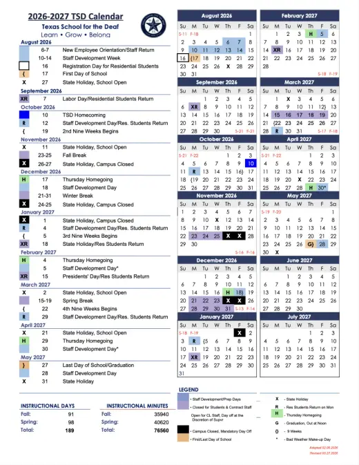 Texas Sch for the Deaf 2026–2027 Academic Calendar Page 1