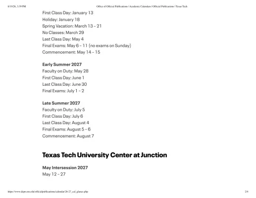 Texas Tech University K-12 2026–2027 Academic Calendar Page 1