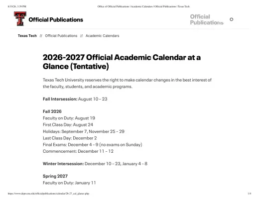 Texas Tech University K-12 2026–2027 Academic Calendar Page 4