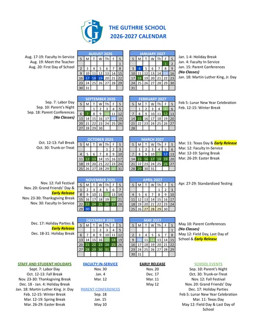 The Guthrie School 2026–2027 Academic Calendar Page 1