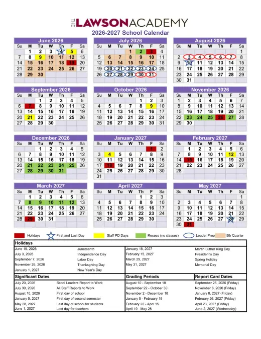 The Lawson Academy 2026–2027 Academic Calendar Page 1