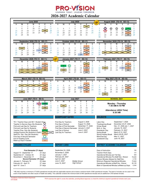 The Pro-Vision Academy 2026–2027 Academic Calendar Page 1