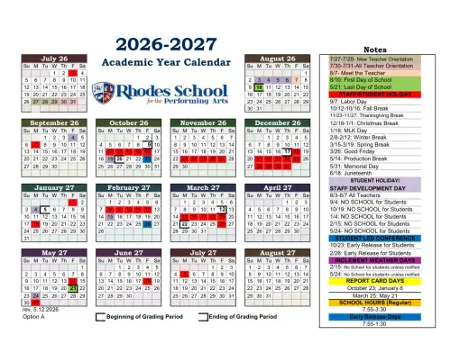 The Rhodes School for Performing Arts 2026–2027 Academic Calendar Page 1