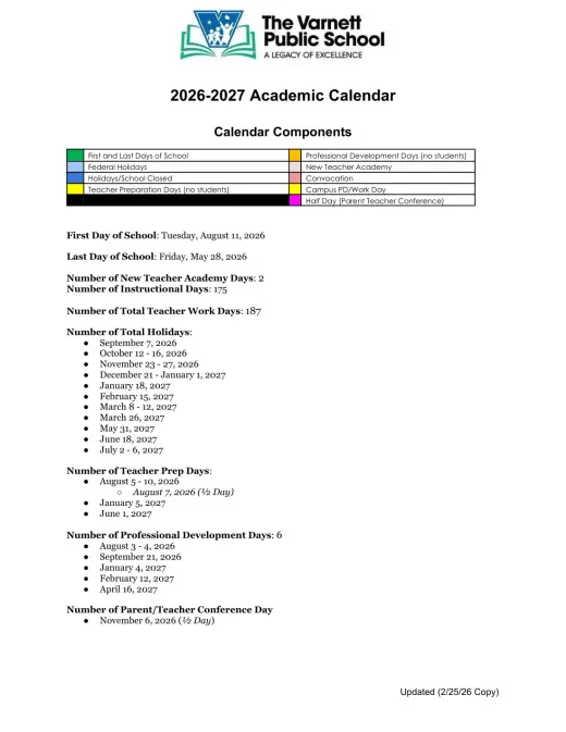 The Varnett Public School 2026–2027 Academic Calendar Page 1