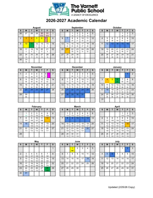 The Varnett Public School 2026–2027 Academic Calendar Page 2