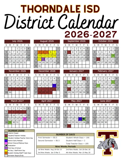 Thorndale ISD 2026–2027 Academic Calendar Page 1