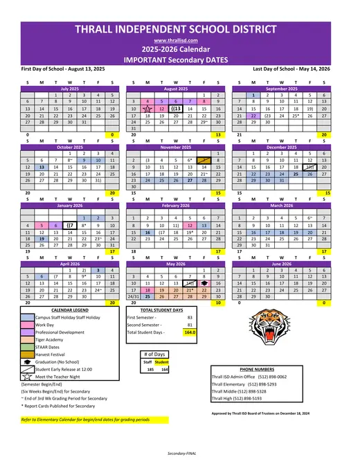 Thrall Independent School District 2025–2026 Academic Calendar