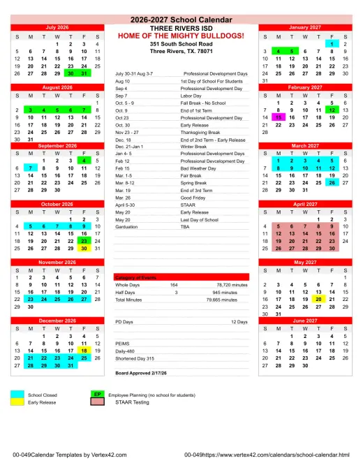 Three Rivers ISD 2026–2027 Academic Calendar Page 1