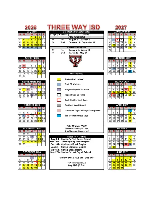 Three Way ISD 2026–2027 Academic Calendar Page 2