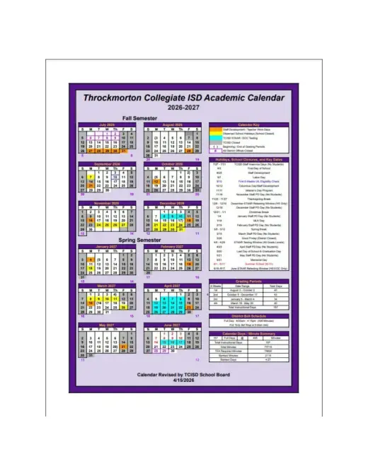 Throckmorton Collegiate ISD 2026–2027 Academic Calendar Page 1