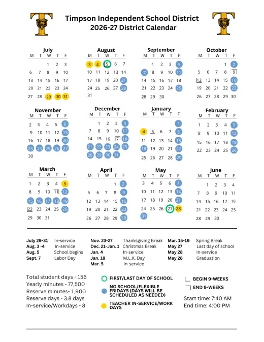 Timpson ISD 2026–2027 Academic Calendar Page 1