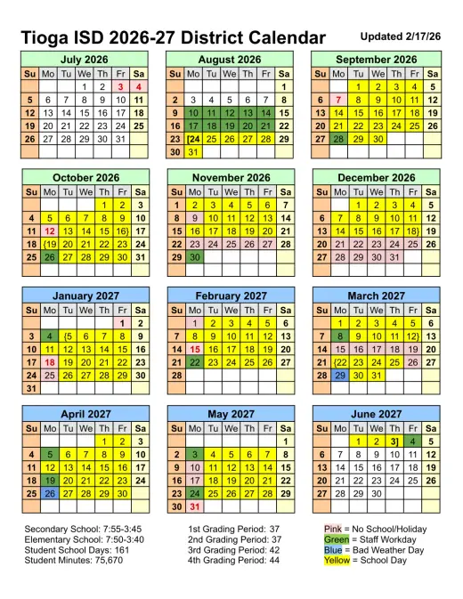 Tioga ISD 2026–2027 Academic Calendar Page 1