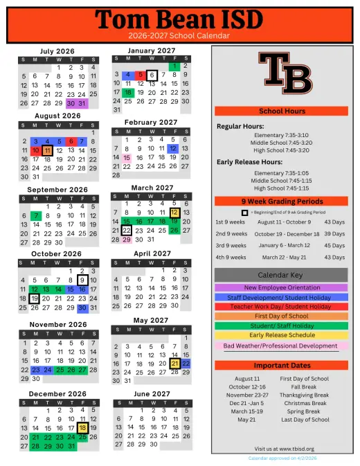 Tom Bean ISD 2026–2027 Academic Calendar Page 1