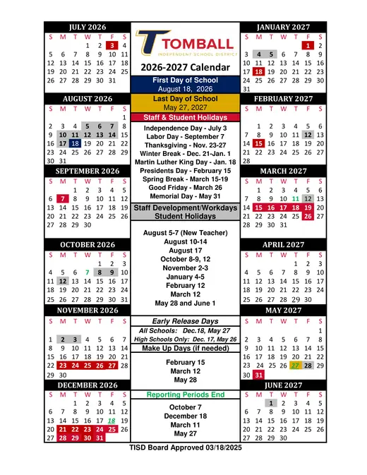 Tomball Independent School District 2026–2027 Academic Calendar