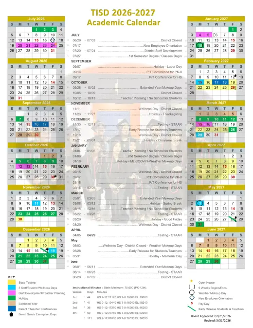 Tornillo ISD 2026–2027 Academic Calendar Page 1