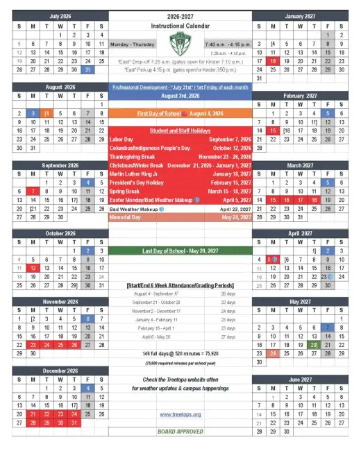 Treetops School International 2026–2027 Academic Calendar Page 1
