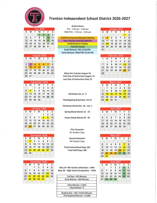 Trent ISD 2026–2027 Academic Calendar Page 1