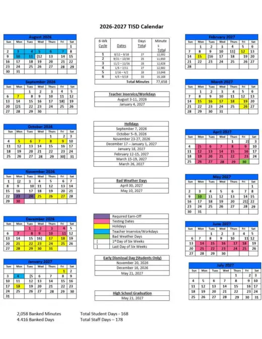 Trinidad ISD 2026–2027 Academic Calendar Page 1