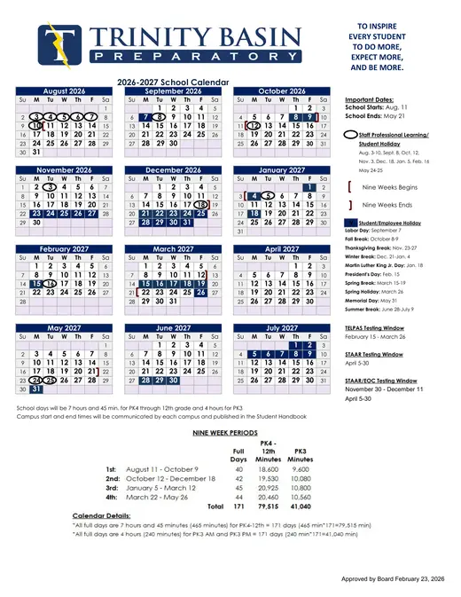 Trinity Basin Preparatory 2026–2027 Academic Calendar