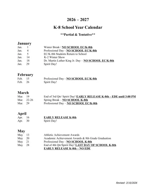 Trinity Charter School 2026–2027 Academic Calendar Page 1