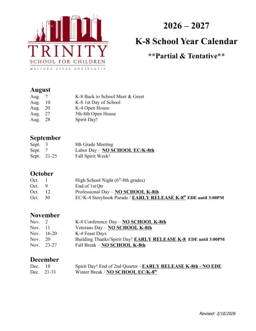 Trinity Charter School 2026–2027 Academic Calendar Page 2