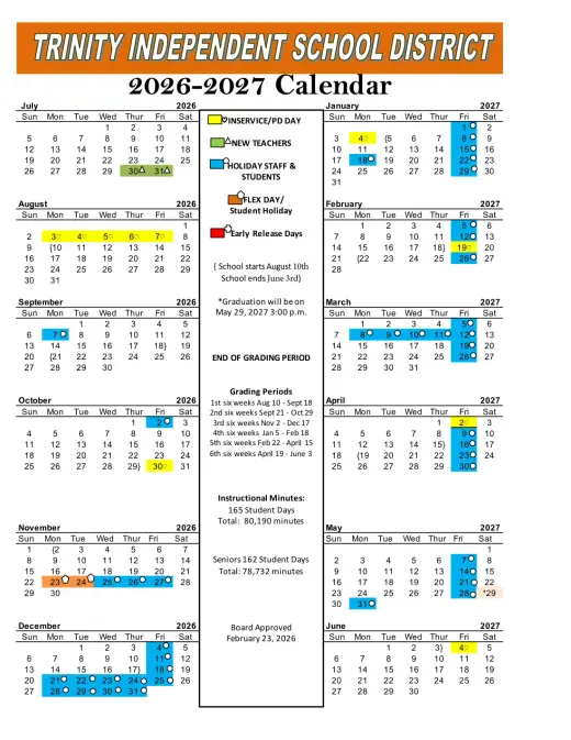 Trinity ISD 2026–2027 Academic Calendar Page 1