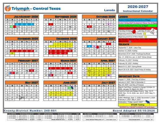 Triumph Public High Schools-Laredo 2026–2027 Academic Calendar Page 2