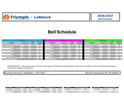 Triumph Public High Schools-Lubbock 2026–2027 Academic Calendar Page 1
