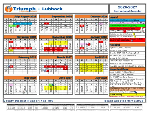 Triumph Public High Schools-Lubbock 2026–2027 Academic Calendar Page 2