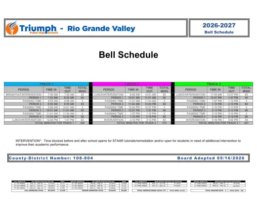 Triumph Public High Schools-Rio Grande Valley 2026–2027 Academic Calendar Page 1