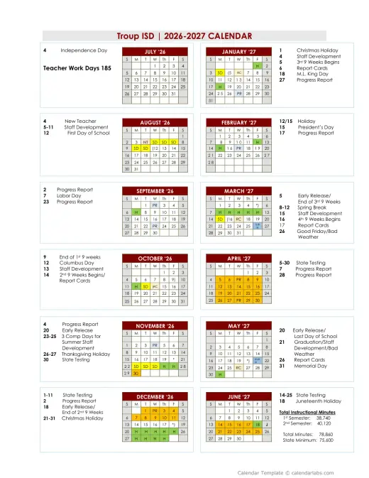 Troup ISD 2026–2027 Academic Calendar Page 1