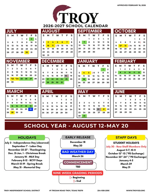 Troy Independent School District 2026–2027 Academic Calendar