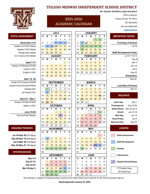 Tuloso-Midway Independent School District, 2025–2026 Academic Calendar