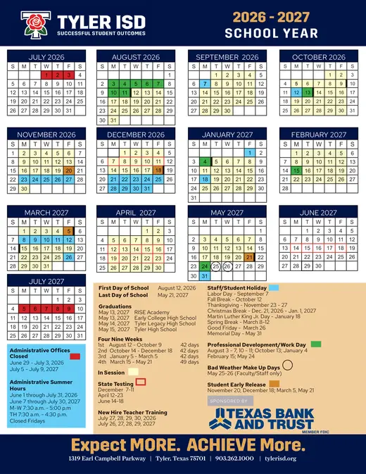 Tyler ISD 2026–2027 Academic Calendar