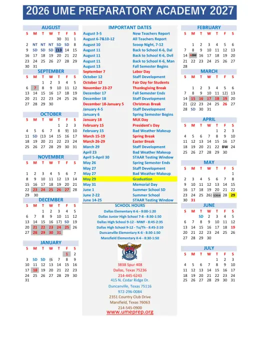 Ume Preparatory Academy 2026–2027 Academic Calendar Page 1