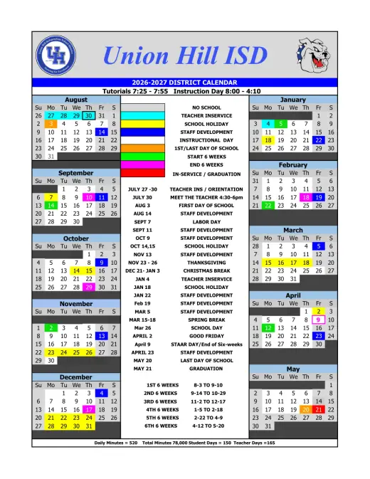 Union Hill ISD 2026–2027 Academic Calendar Page 1