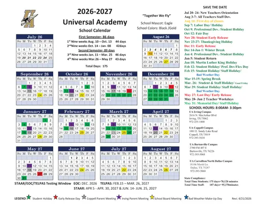Universal Academy 2026–2027 Academic Calendar
