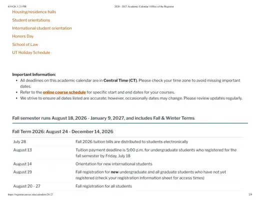 University of Texas at Austin H S 2026–2027 Academic Calendar Page 1