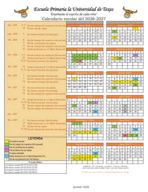 University of Texas Elementary Charter School 2026–2027 Academic Calendar Page 1