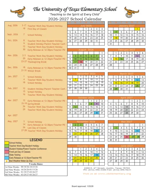 University of Texas Elementary Charter School 2026–2027 Academic Calendar Page 2