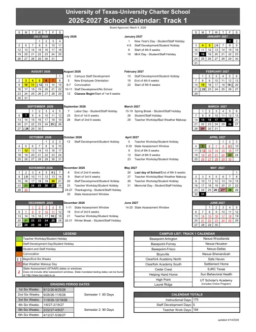 University of Texas University Charter School 2026–2027 Academic Calendar Page 1