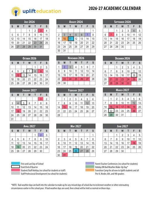 Uplift Education 2026–2027 Academic Calendar