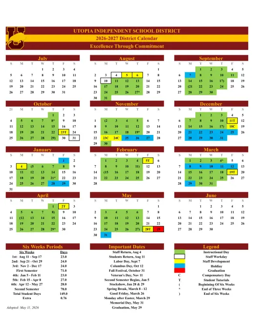 Utopia ISD 2026–2027 Academic Calendar Page 1