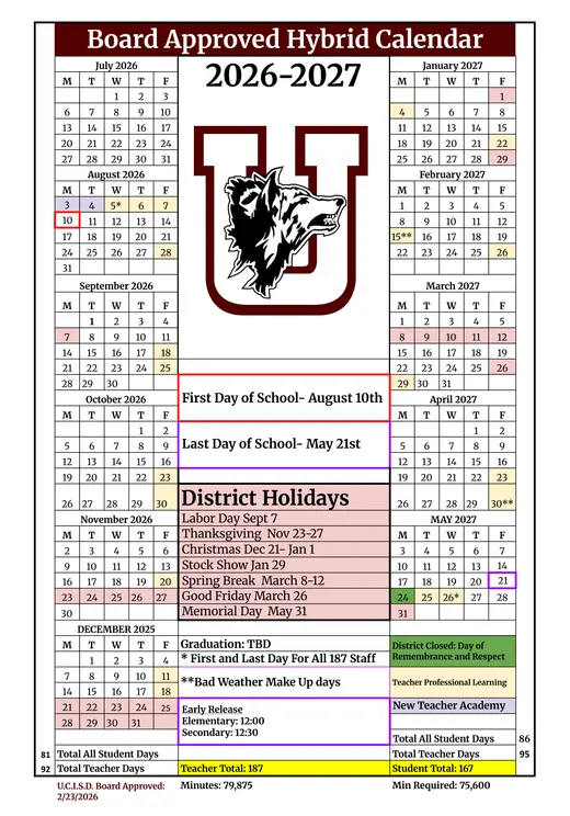 Uvalde Consolidated Independent School District 2026–2027 Academic Calendar