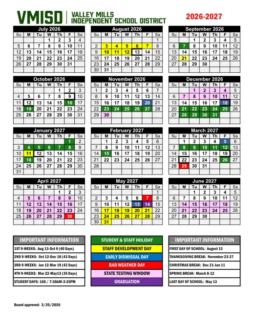 Valley Mills ISD 2026–2027 Academic Calendar Page 1